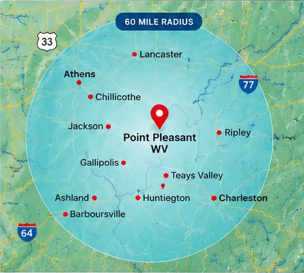 Map of the 60-mile service area around Point Pleasant, West Virginia